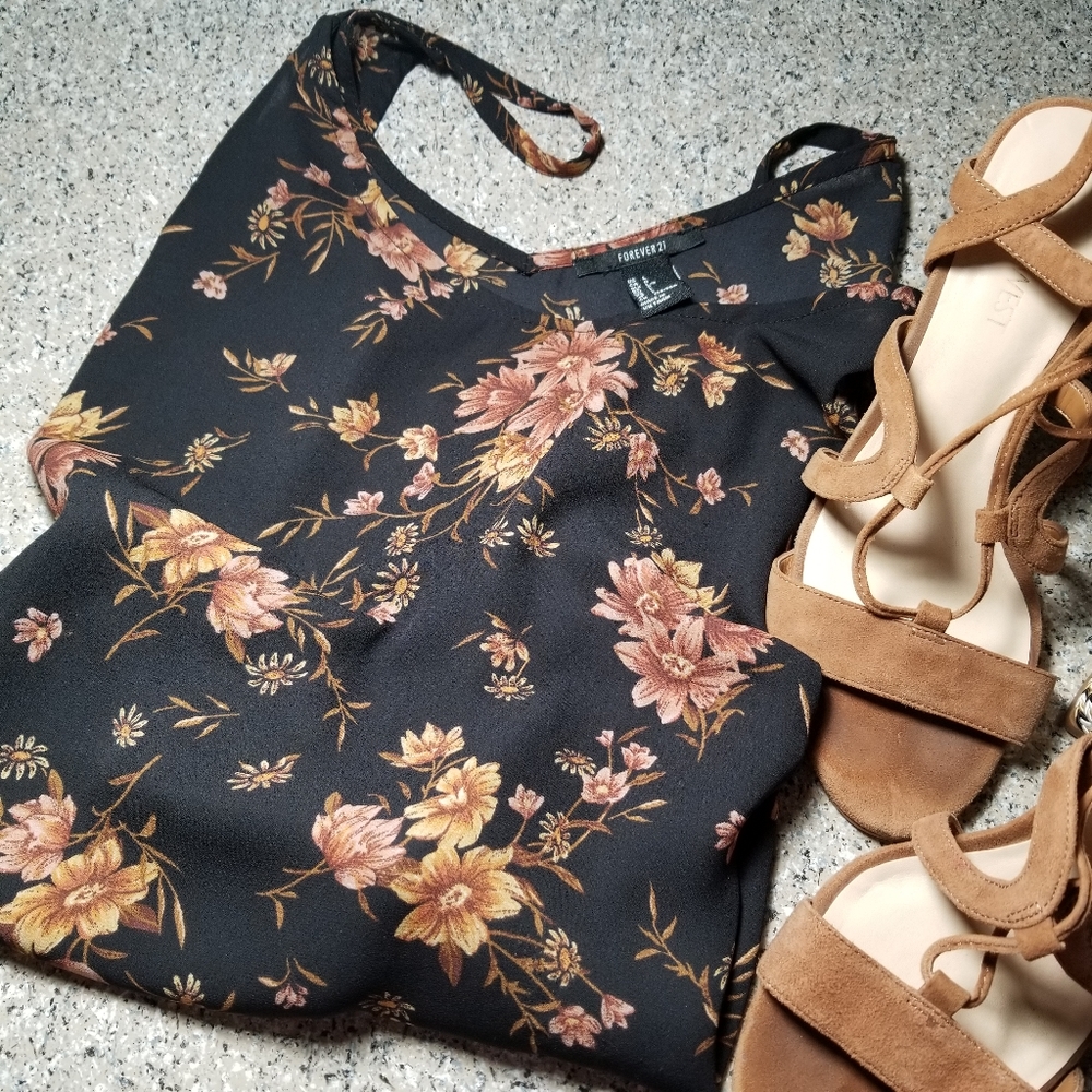 Forever 21 Orange Floral Blouse Size Large Sheer
